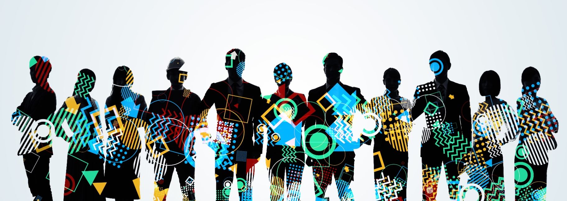 A row of black human silhouettes filled with colorful geometric patterns